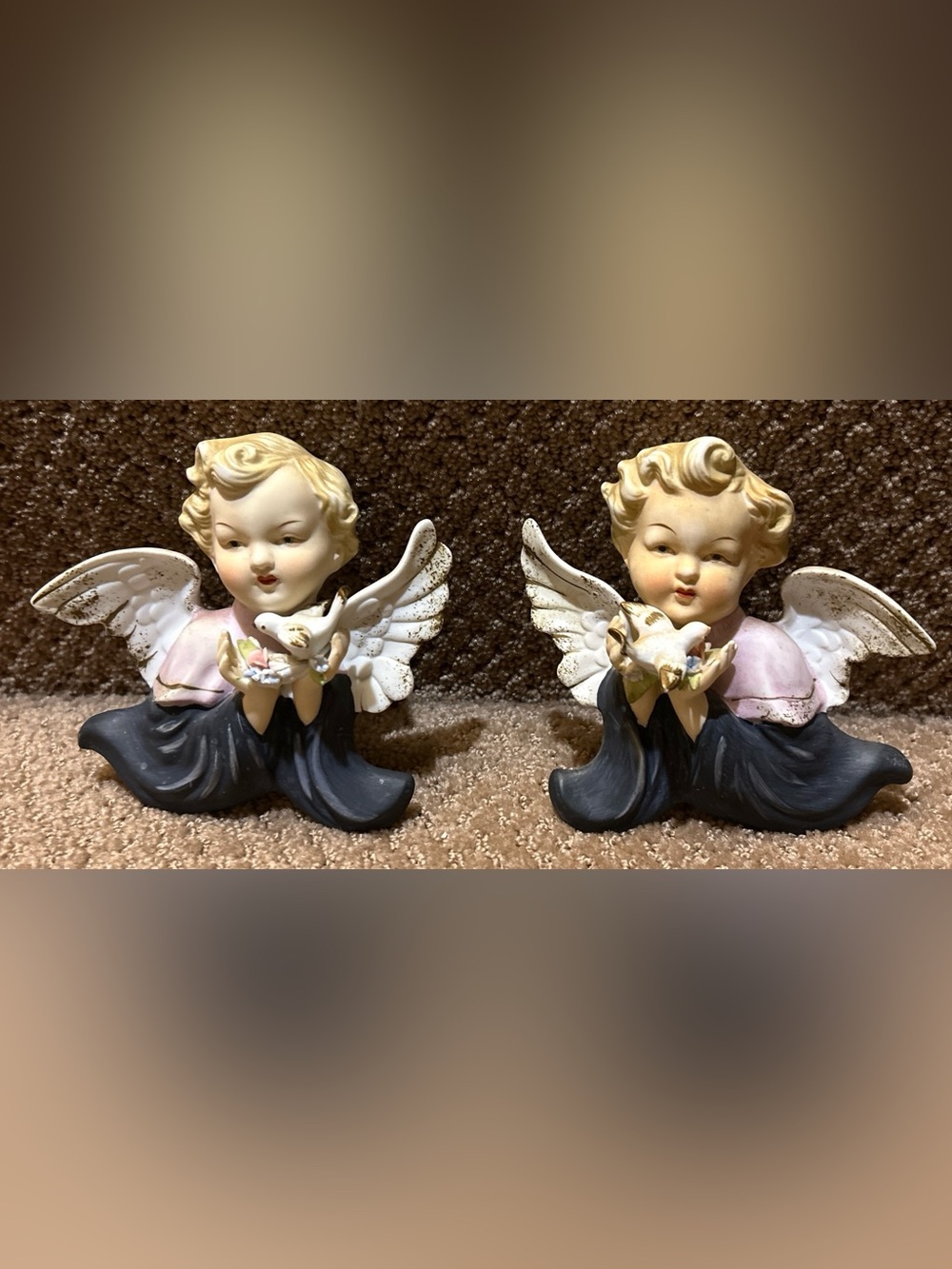 PAIR Vintage Lefton Bisque Porcelain Wall Angel Holding Bird Figurines JAPAN